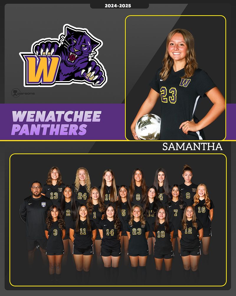 Digital sports photography sample: a Wenatchee Panthers soccer player's portrait above the team photo, on a custom-designed background