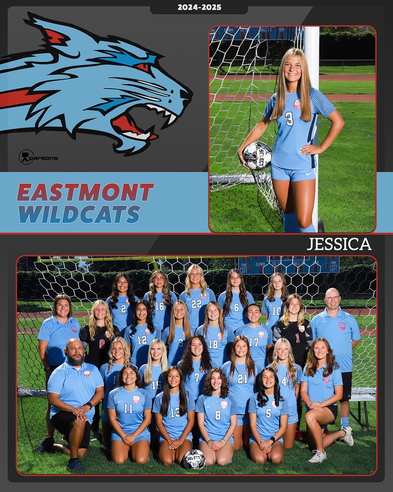 Traditional sports photography sample: an Eastmont Wildcats soccer player's portrait above the team photo, taken outdoors on the field